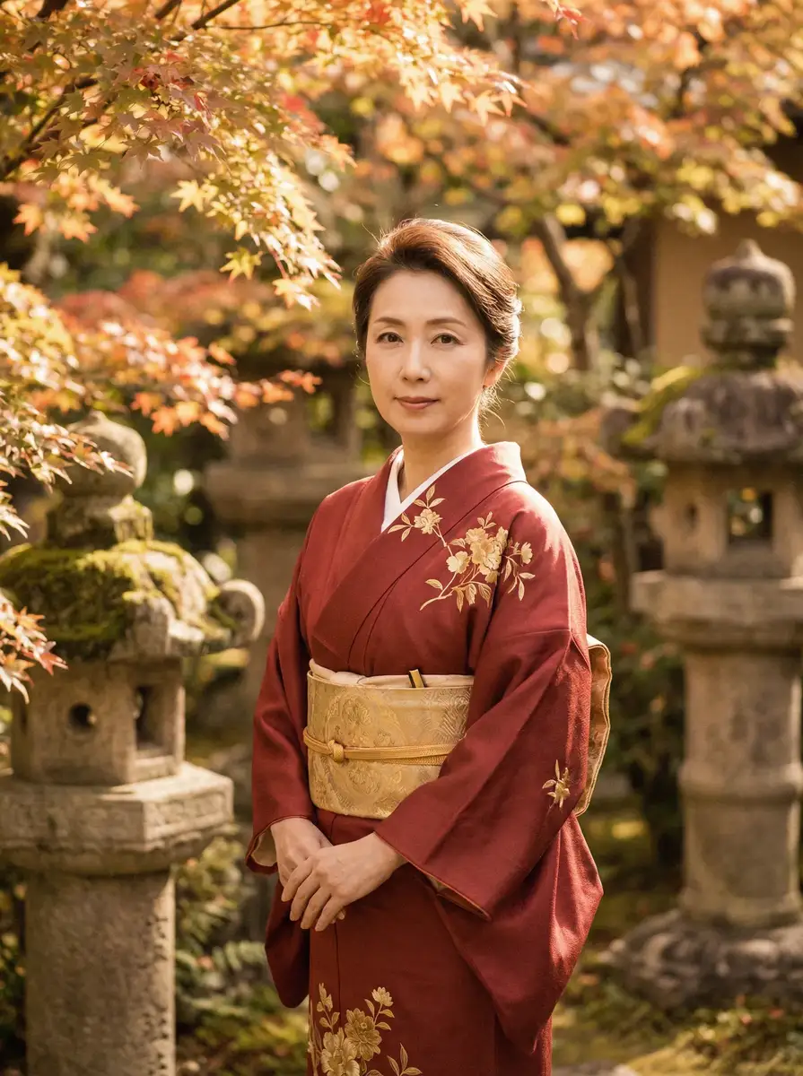 一位身穿暗红色和服的优雅 日本一区二区高清道国产 在日式庭院中